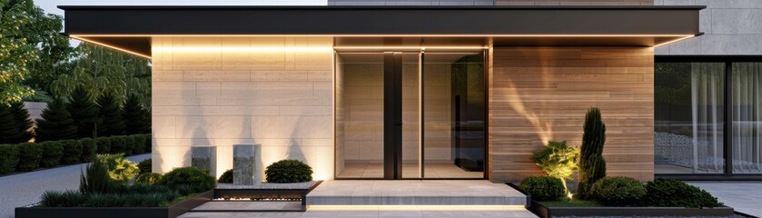 Modern house exterior with wooden panels, glass door, and garden beautifully lit by outdoor lighting in the evening.