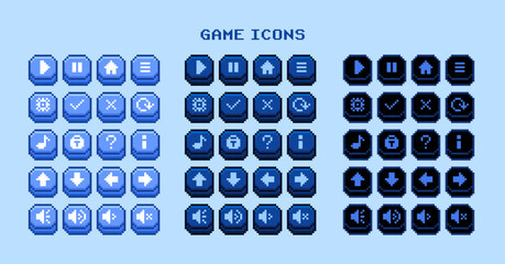 Set of pixel game buttons icons -  Blue theme
