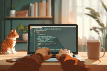 Modern Programmer Creating Animal Lover App - Vector Illustration with Depth of Field in Flat Design