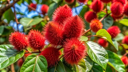 Canvas Print - Achiote (Bixa orellana) is a large shrub or small tree produces spiny red fruits popularly called 