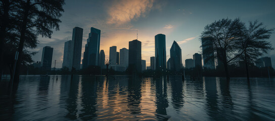 Wall Mural - Serene Sunset Over Urban Skyline Reflections