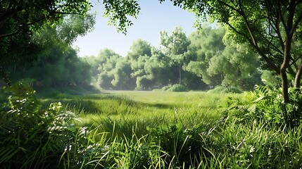 Wall Mural - Sunlight Through Trees in Green Forest Meadow 3D Illustration