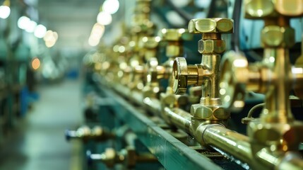 Poster - Close-Up of Industrial Brass Valves in Factory