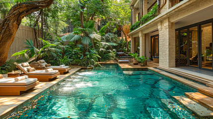 Turquoise water glistening in secluded luxury hotel pool surrounded by lush greenery