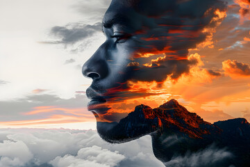 Double exposure combines a man's face and high mountains at sunset. Panoramic view. The concept of the unity of nature and man. Dream, reminisce or plan a climb. Illustration for design.