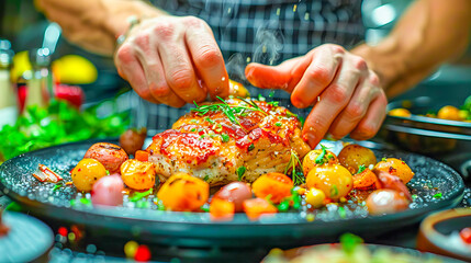 Wall Mural - Chef adding finishing touches to roasted chicken with herbs and vegetables