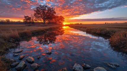 Wall Mural - Breathtaking dawn above a picturesque terrain featuring vibrant clouds, foliage, meadows, and reflective waters illuminated by the warm sun.