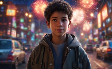 Portrait of a boy in the city at night with fireworks.