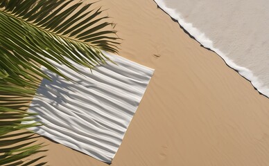 Wall Mural - White paper sheet on sandy beach with palm leaves, 