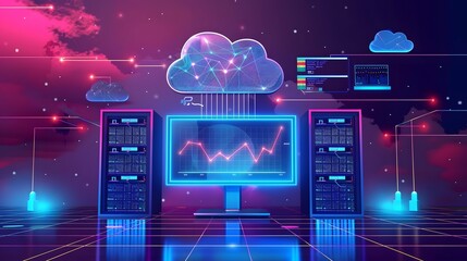 cloud computing desk laptop screen glowing cloud computing concept background,generative ai
