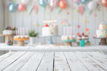 A festive party table with a variety of cakes, cupcakes, and balloons, perfect for celebrations and birthdays.
