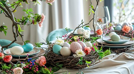 Set table with decoration eggs in nests and flowers