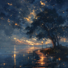 Poster - Night Sky Illustration with a Tree and a Wooden Path