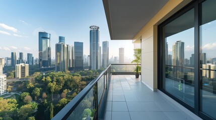 A luxury apartment balcony overlooking a city skyline with modern architecture.