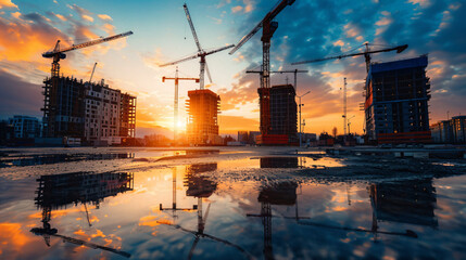 Canvas Print - Construction Site at Sunset with Reflections in Puddle.