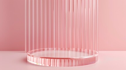 Poster - Minimalist display podium with ribbed glass on pink background