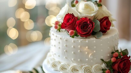 Wall Mural - Wedding cake with roses and deco on plate closeup