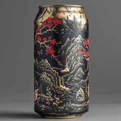 A tin drinkware artifact adorned with a beautiful landscape painting, resembling a miniature ceramic pottery sculpture