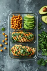 Wall Mural - A plastic container filled with cooked chicken, ripe avocado slices, and chickpeas, ready to be served as a nutritious meal