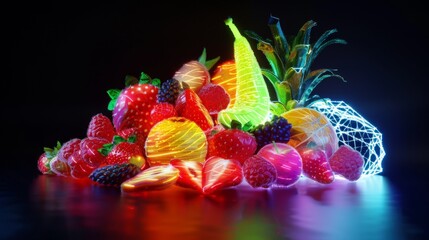 Wall Mural - Futuristic Holographic Display of Mixed Fruits with Neon Lights - Digital Art Concept