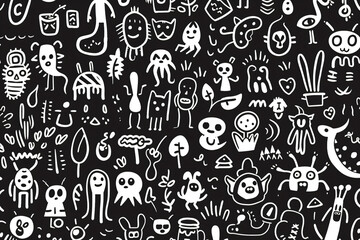 A seamless pattern of an intricate doodle drawing with many abstract shapes and lines, simple doodling drawn on black paper using white ink, whimsical, hand-drawn doodled drawings