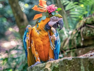 Sticker - A parrot with a colorful headdress is perched on a rock in the jungle. AI.