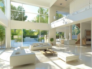 Sticker - Luxurious living room interior with large windows and a swimming pool. AI.