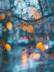 Sticker - Blurred orange autumn leaves with bokeh background. AI.