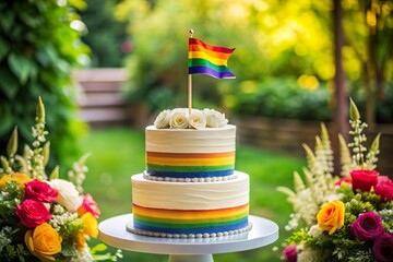 wedding cake with rainbow flag. Lgbt homosexual marriage celebration