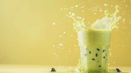 Wall Mural - Glass of matcha tea latte with tapioca balls and milk spill on yellow backdrop