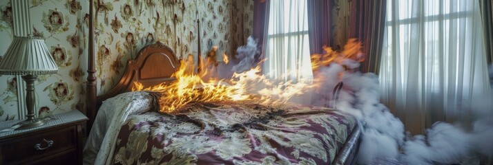 Canvas Print - Firefighters battle a blaze in a bedroom. AI.