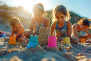 Wall Mural - Kids are building sandcastles on the beach. AI.