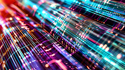 Glowing neon lights of a futuristic circuit board with binary code.