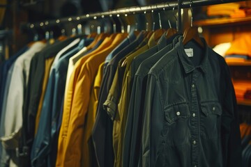 a selection of male clothes neatly arranged on hangers