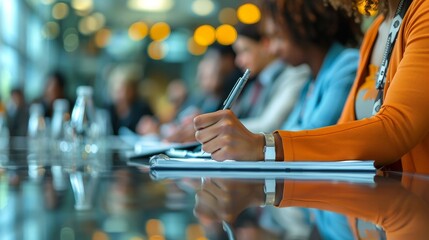 Closeup of woman hands writing notes during a business meeting with blurred people in the background