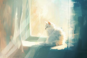 White Cat Sitting by the Window in Sunlight