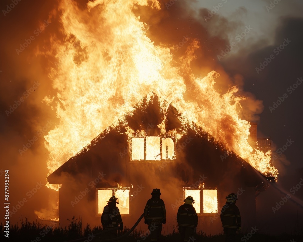 Firefighters battling a house engulfed in flames at night, illustrating ...