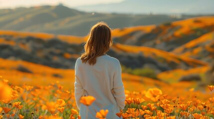 Wall Mural - Woman in Poppy Field, California