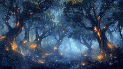 Wall Mural - beautiful magical forest burning candles on it with sky hanging light on it