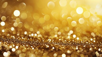 Sparkling gold festive background with bokeh glitter texture for Xmas banners. Panoramic design with space for text.