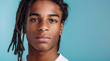 Portrait of a serious, troubled African-American teenage guy with long hair and perfect skin, light blue background, banner.
