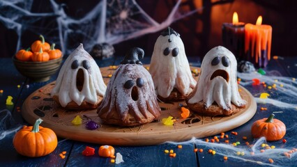 Poster - A plate of ghost shaped donuts on a wooden table, AI