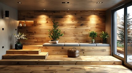 Wall Mural - Modern Minimalist Living Room with Wooden Accents