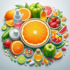 Foods High in vitamin C on wooden board. Healthy eating.