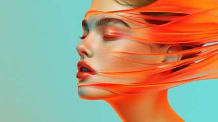 Wall Mural - Abstract digital artwork featuring a woman's profile with flowing orange ribbons on a blue background