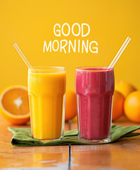 Poster - Zwei Gläser Smoothie, eines rot und das andere gelb,  Text „Good Morning“