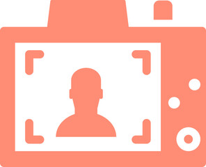 Sticker - orange and white photo camera icon in flat style.