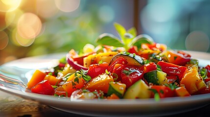 Poster - A beautifully plated dish of ratatouille in a pristine white plate