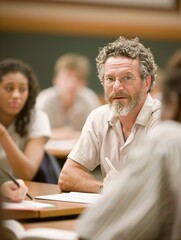 Magazine style photo of a small group of students receiving instruction from a professor, stylish setting, polished look, students actively participating