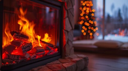 Electric Fireplace Heater Focus on an electric fireplace heater, with a cozy living room background, empty space right for text 